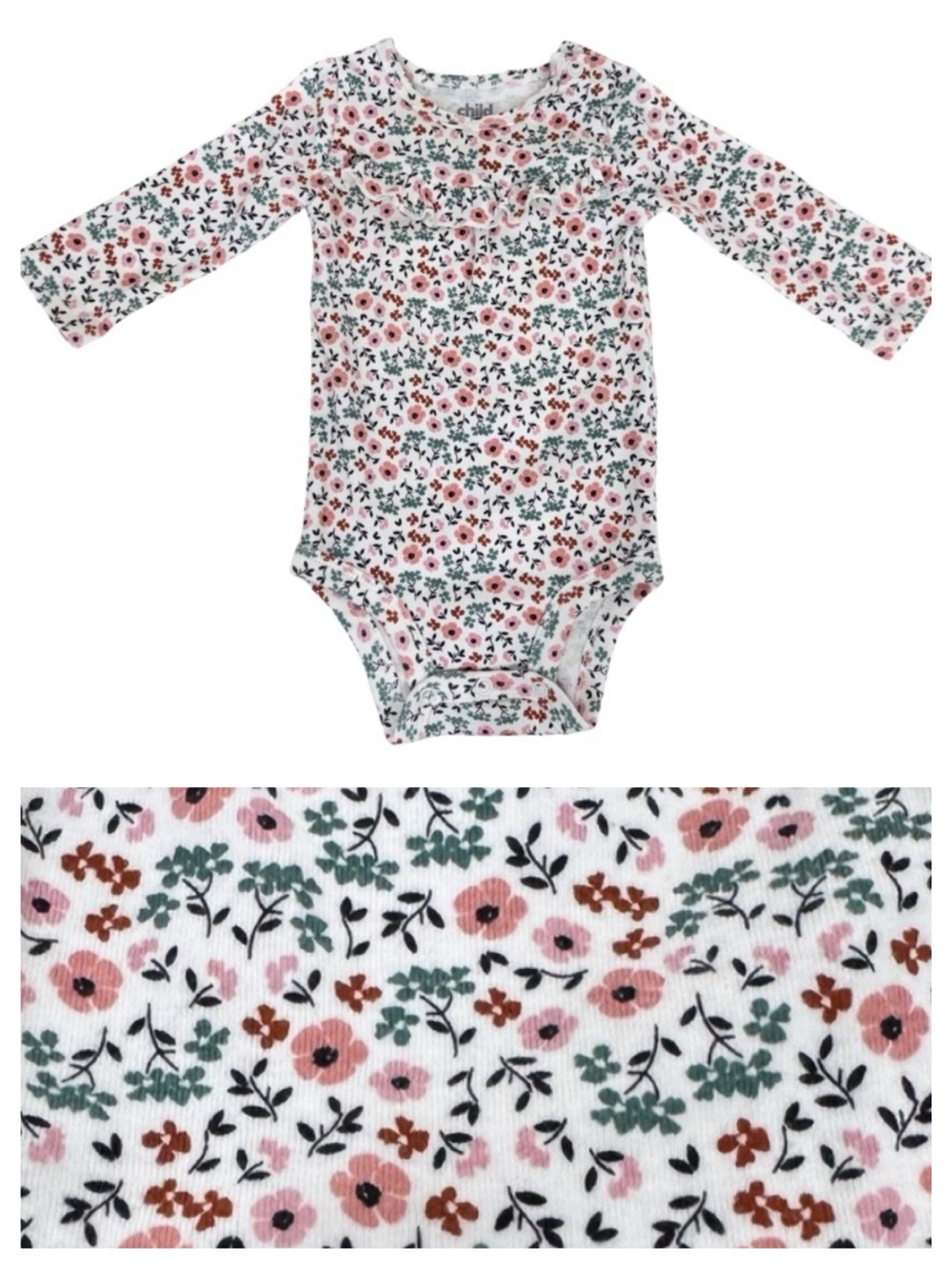 Carter’s Child Of Mine Pink Green White Boho Floral Ruffle Long Sleeve Bodysuit